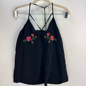 No Boundaries Junior Women's Floral Rose Embroidered Black Cami Top XL 15 17